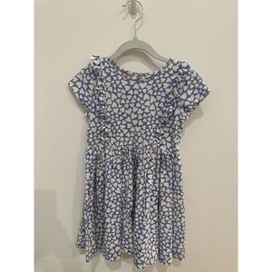 Mini Boden Blue and White Hearts Short Sleeve Ruffle Dress 4-5 Year